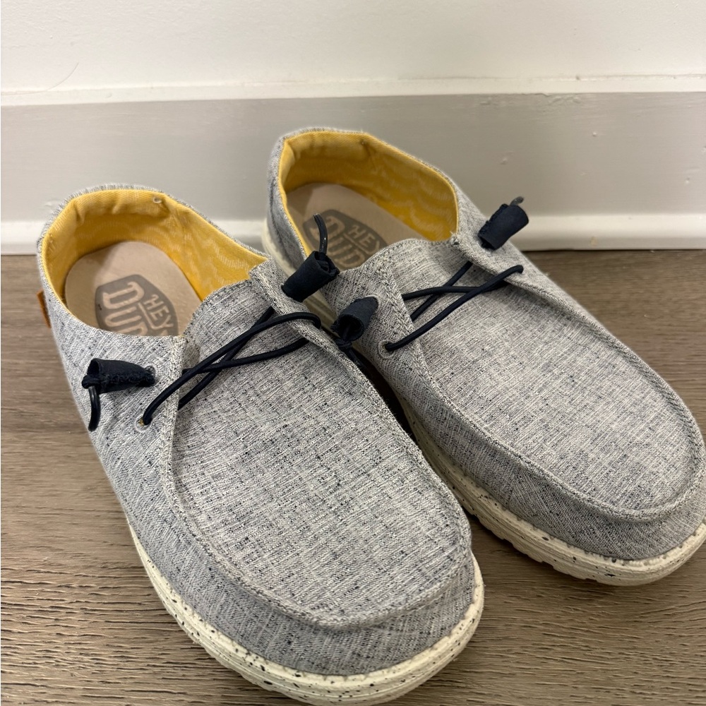 Hey Dude Light Gray Loafers with Navy and Yellow Accents